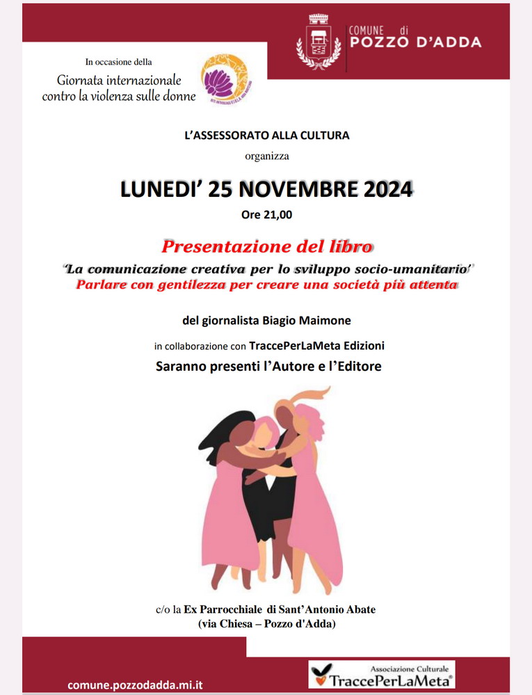 Giornata contro la violenza sulle donne, a Pozzo D'Adda la presentazione del libro La Comunicazione Creativa per lo sviluppo socio-umanitario