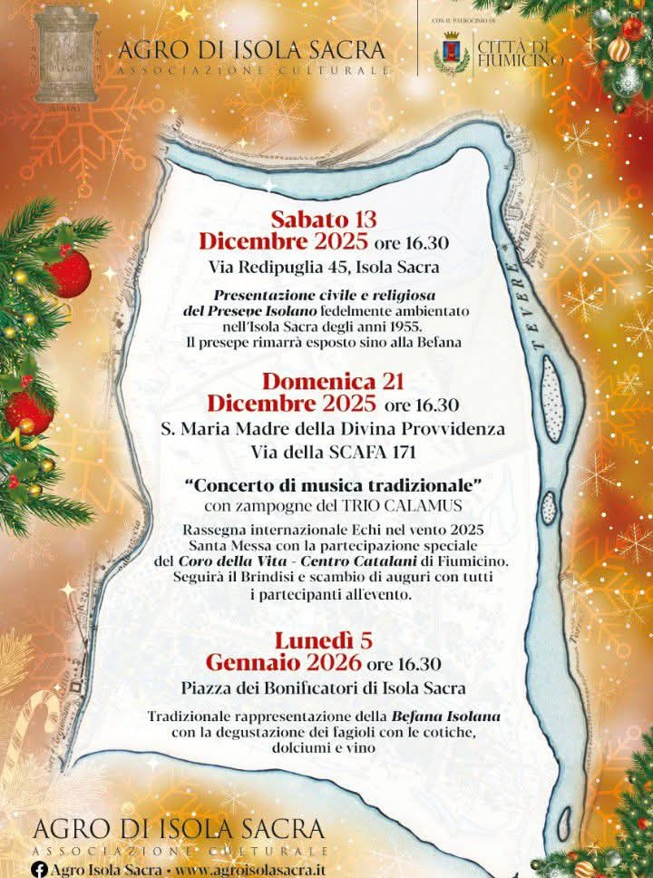 Tre eventi natalizi a Isola Sacra tra presepe tradizionale, concerto con zampogne e Befana con degustazioni, promossi dall’Associazione Agro di Isola Sacra.